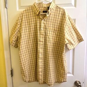 Mens Izod Yellow Plaid Button Up Shirt XL Great Cond Stripes are Blue & White